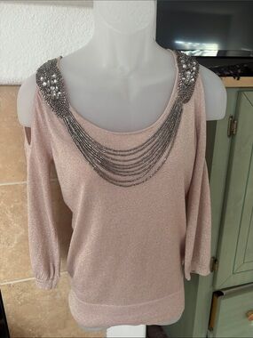 Cache Embellished One-Shoulder Metallic Pink Top